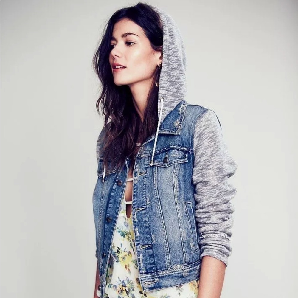 free people denim jacket with hood xs